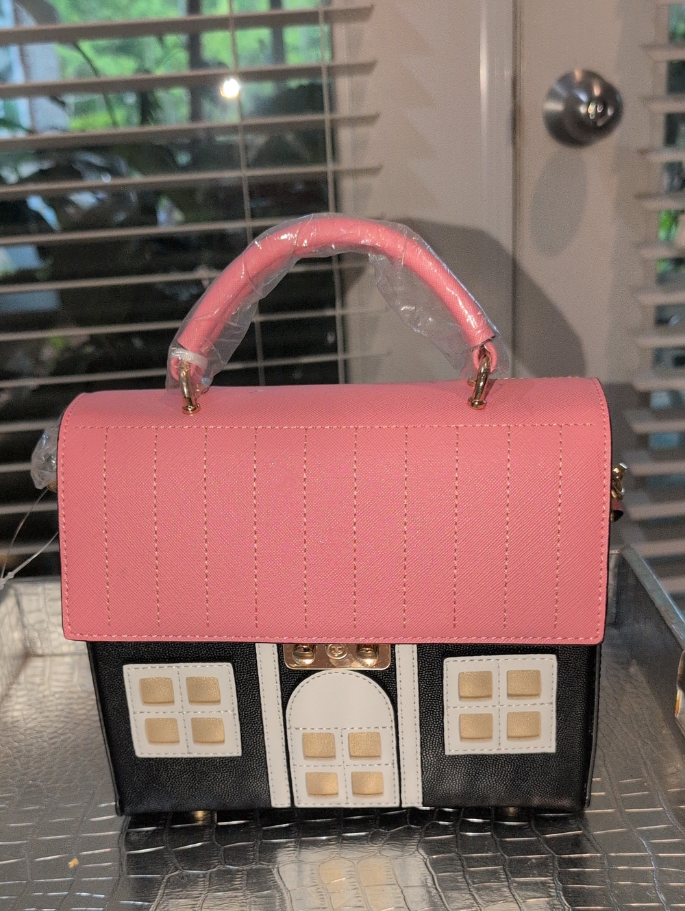 Pink House-Appliqué Mini Top-Handle  Crossbody Bag - NWT